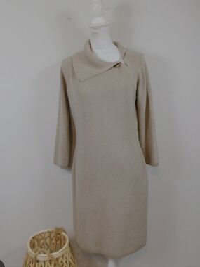 CK Beige Knit Sweater Dress with Draped Collar